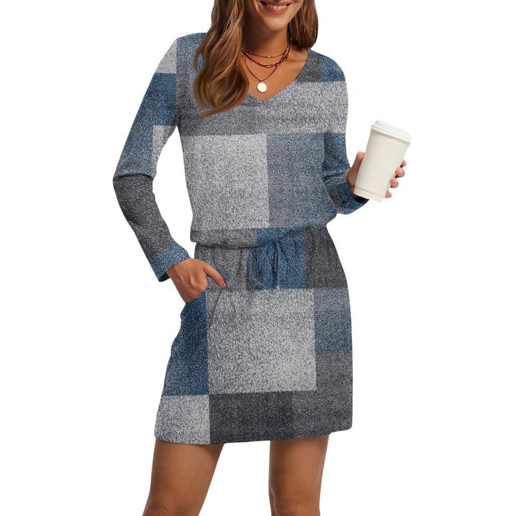 Женские модные платья с V-образным вырезом, длинным рукавом, кулиской, карманом и принтом в полоску