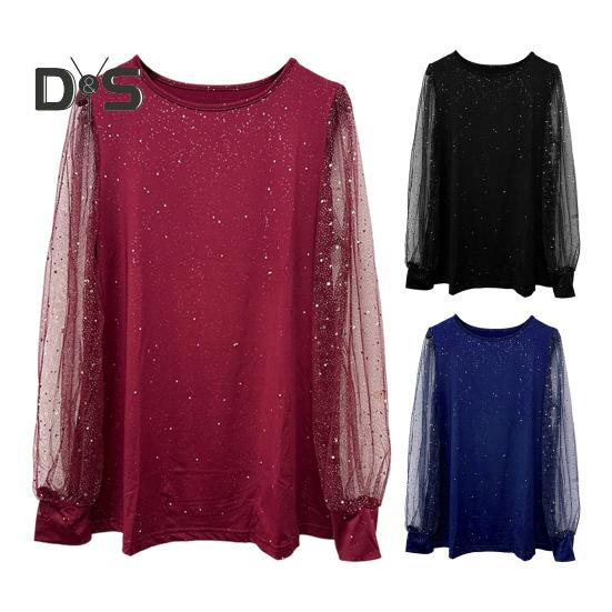 Women T-shirt Round Neck See-through Glitter Long Sleeve Tops Solid Color Loose Fit Casual Tops Daily Wear