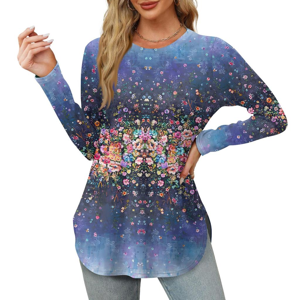 Женские рубашки с длинным рукавом и круглым вырезом, базовые свободные туники с боковым разрезом, повседневные рубашки с цветочным принтом