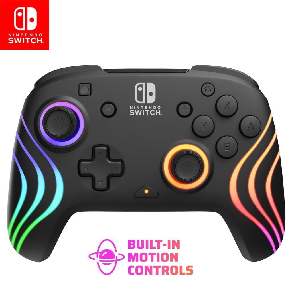 PDP Afterglow Wave Wireless Nintendo Switch Pro Controller with Motion Fully Licensed for Customizable LED Rechargeable Power Black Controls,