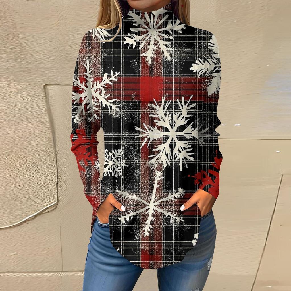 Женская модная повседневная футболка с длинным рукавом с высоким воротом и принтом, пуловер, топ