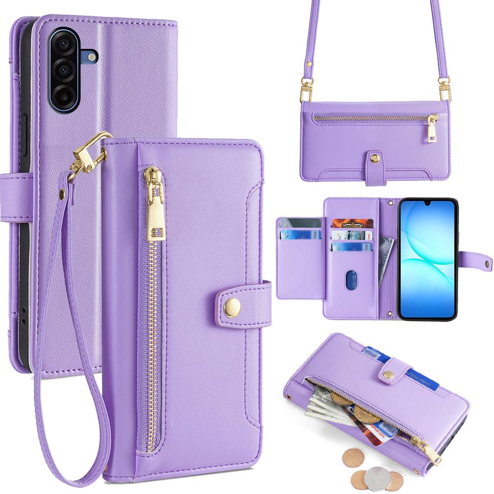 For Samsung Galaxy A17 5G Leather Case Zipper Pocket Wallet Phone Cover with 2 Straps