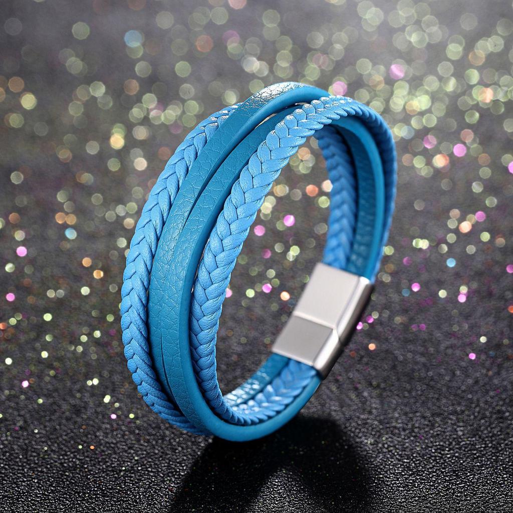 Мужской многослойный плетеный кожаный браслет из коровьей кожи и нержавеющей стали - Европейский и американский стиль