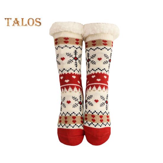 1 Pair Winter Floor Socks Thickened Fuzzy Plush Warmth Retention Christmas Elk Snowflake Print Leg Warmer Silicone Bottom Fall Winter Floor Socks