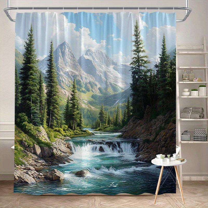 Шторка для душа "Природа" 180x180 см – Безмятежный горный пейзаж с рекой и соснами, Живописный декор для ванной комнаты, 12 крючков