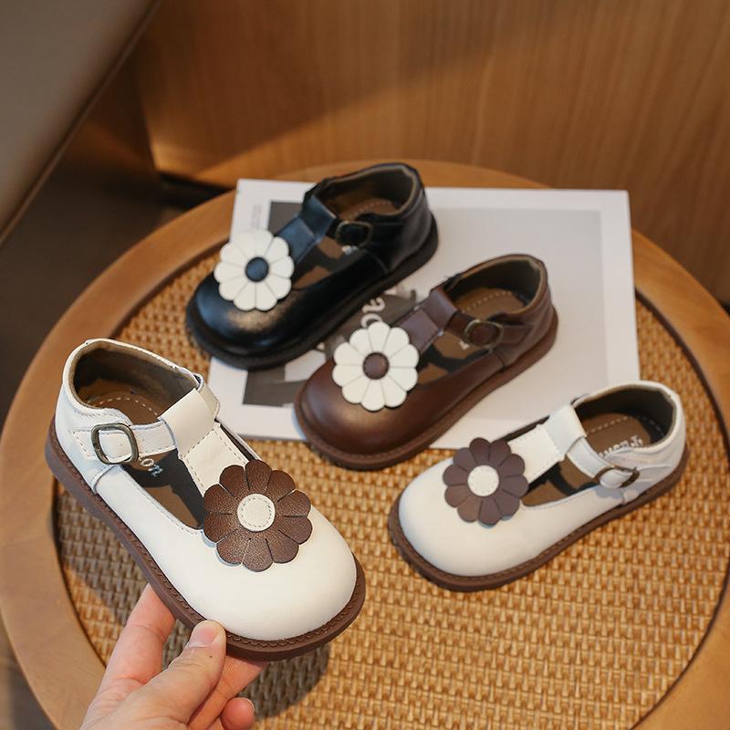Обувь для девочек-принцесс 2024 года, весна-осень, детская повседневная кожаная обувь, модные универсальные милые детские туфли с цветочным принтом в стиле ретро на плоской подошве