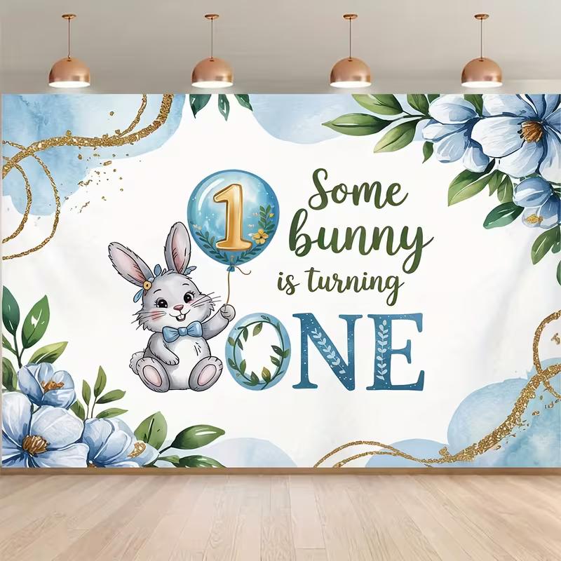 2D Baby Boy 1st Birthday Backdrop Cute Bunny with Balloon and Blue Flowers Party Photo Background