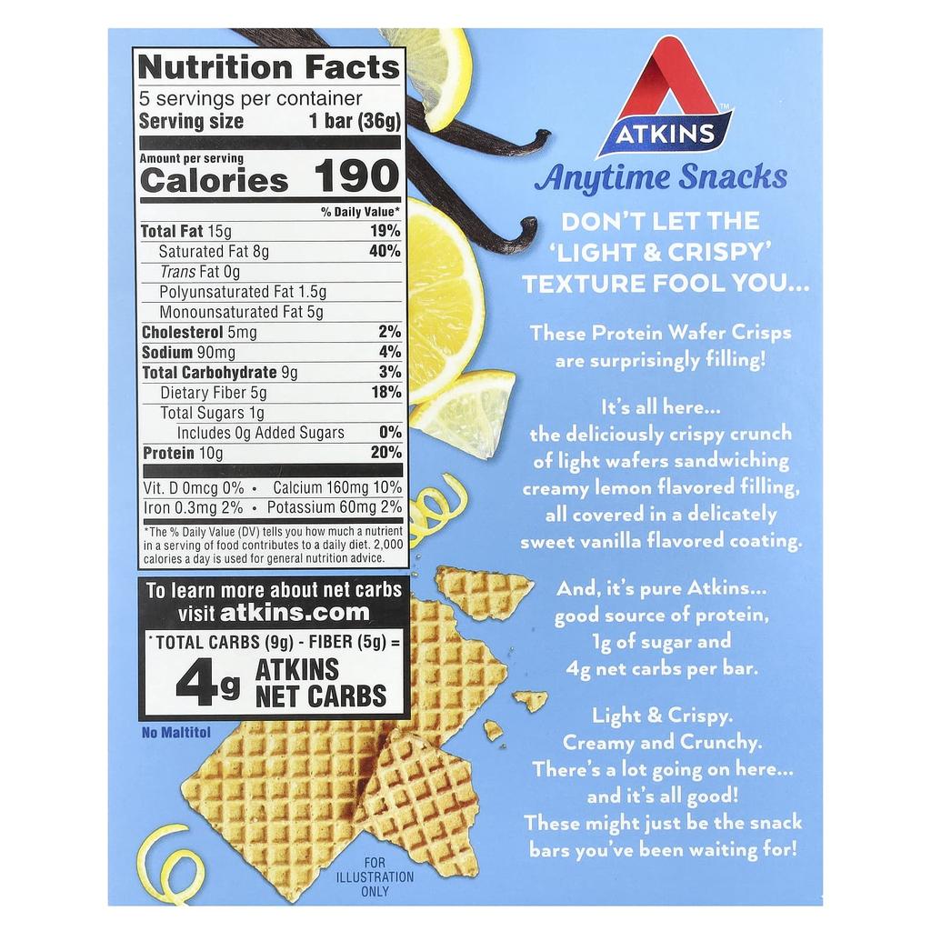 Atkins Anytime Snack, Protein Wafer Crisp, Lemon Cream, 5 Bars, 36 G (1.27 Oz) Each