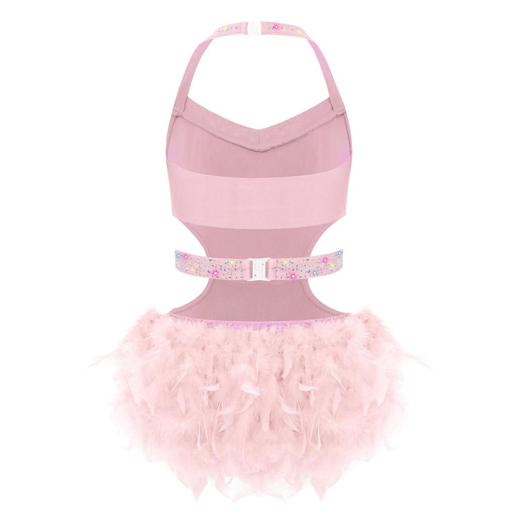 Girls Performance Leotard Halter Sleeveless Cutout Back with Feather Skirt Latin Dancewear