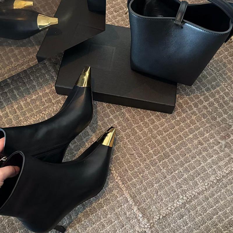New Metal Small Square Toe Stiletto Heel Heel Short Shoes Are Versatile and Comfortable for Women with Side Zipper Booties
