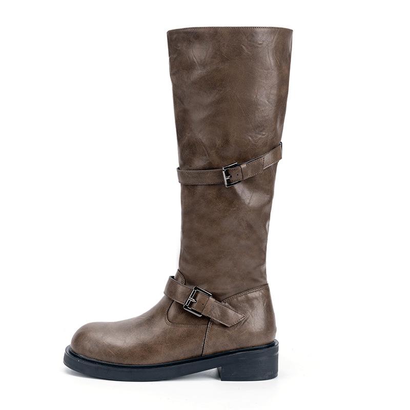 Dune Aesthetics~ Polished Retro Old Double Button Boots Women's Round Head Medium and High Western Boots Women's Knight Boots Winter