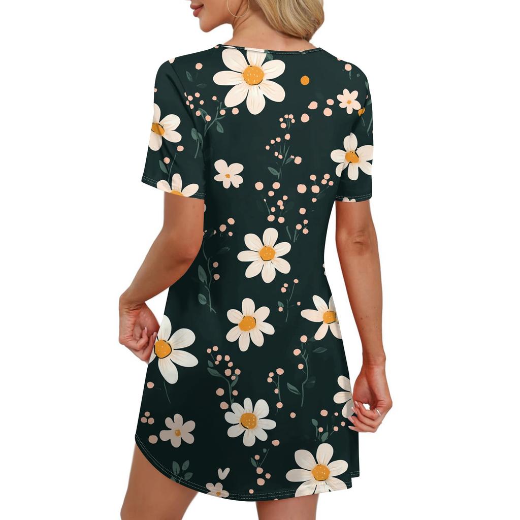 Женские летние платья Женские летние платья с цветочным принтом Повседневные платья с коротким рукавом и круглыми карманами