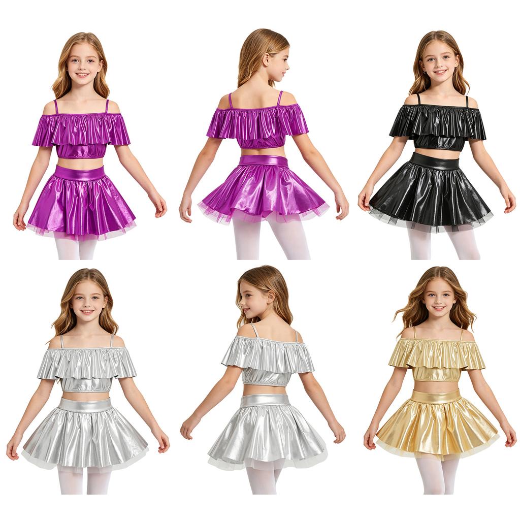 Girls Dancewear Off Shoulder Sleeveless Metallic Ruffle Crop Top and Shiny Tutu Skirt for Stage Competition Party Wear