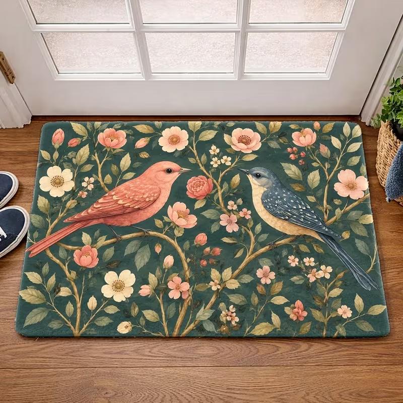 Vintage Folk Art Bird Floral Butterfly Door Mat Non Slip Entrance Doormat Botanical Flower Pattern Floor Rug for Front Door