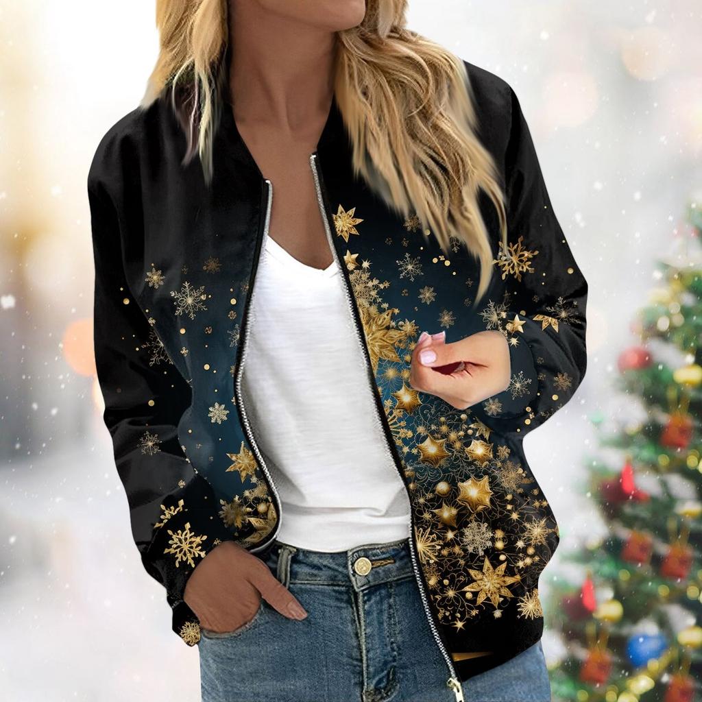 Женская легкая короткая куртка с длинными рукавами на молнии с принтом, повседневная стеганая куртка с карманами, рождественская