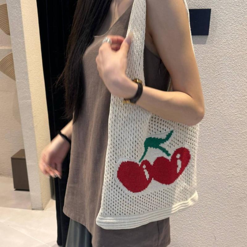 Summer Hollow Out Shoulder Bag Cherry Desing Knit Bag Hand Woven Fashionable Beach Simple Shopper Totes