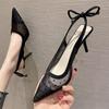 Mesh High-heeled Sandals Fairy Style Back Empty Pointed Sandals Female Ribbon Bow High-heeled Shoes