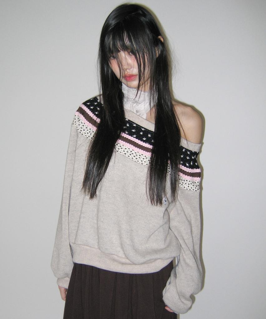 NOFFICIALNOFFICE Rainbow Patchwork Knit Top Beige