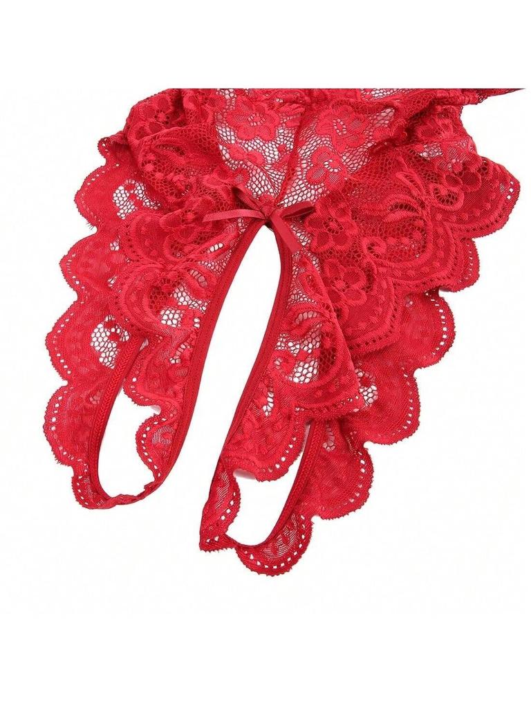 Women's Sexy Strap Hollow Lace Bodysuit One-Piece Open Crotch Lingerie Deep V-Neck Teddy Bear Babydoll Erotic Sleepwear