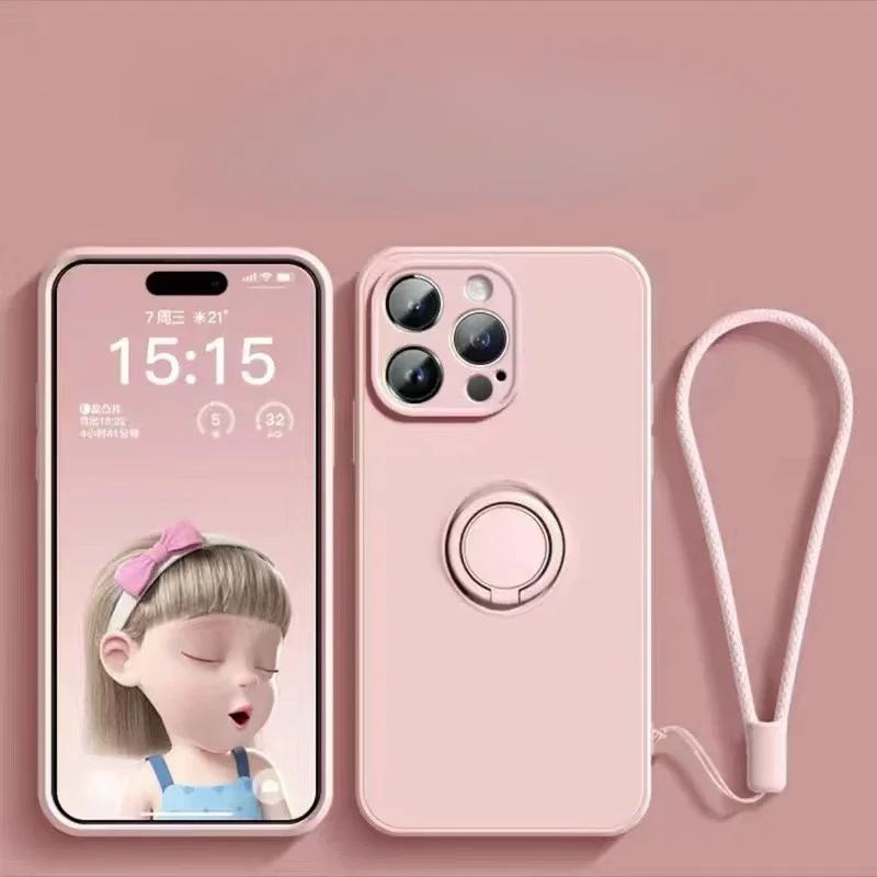 Мягкий силиконовый чехол для iPhone 16 15 Plus 13 12 Mini 14 11 Pro Max XS XR с кольцом-держателем и магнитным ремешком на запястье, защитный чехол