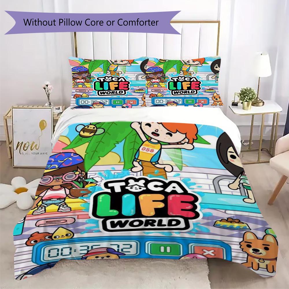 Toca Boca Life Pattern Bedding,Quilt Set Quilt Cover Pillowcase Home Birthday Gift (1*duvet cover+2*pillowcase,without core)XSJT0917199