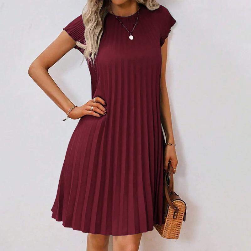 ZANZEA Женское летнее повседневное платье с круглым вырезом, коротким рукавом, свободного кроя, плиссированное