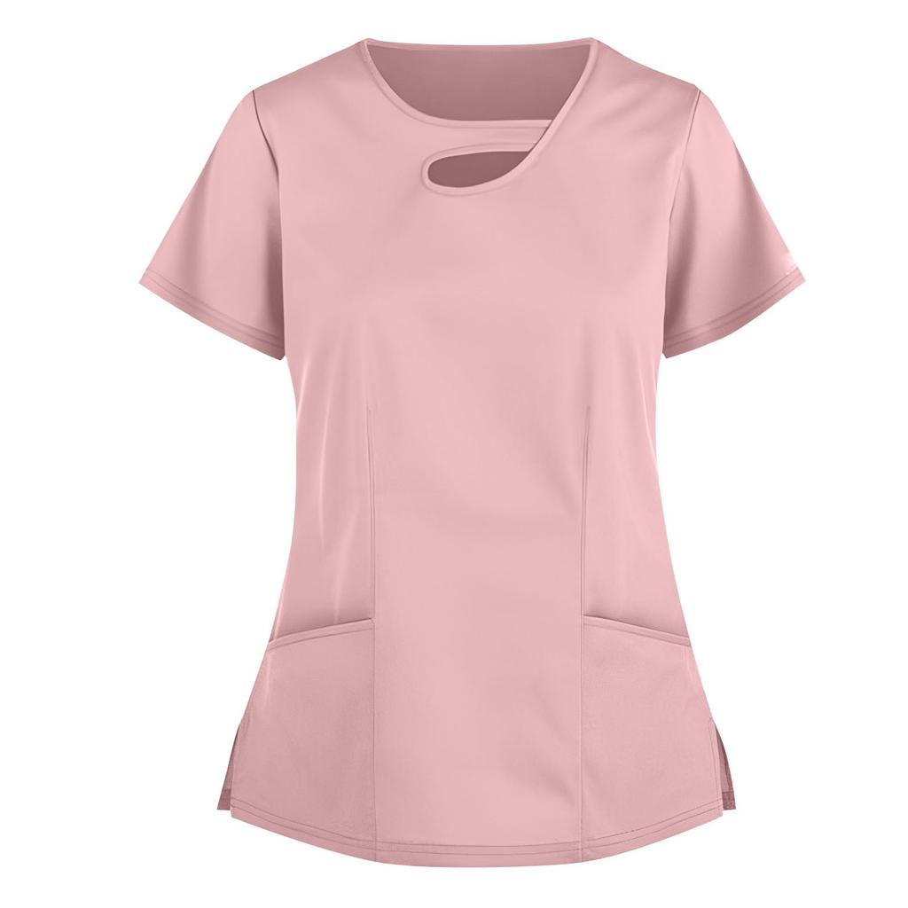 (Куниде) Женский однотонный топ с карманами и карманами с короткими рукавами и V-образным вырезом
