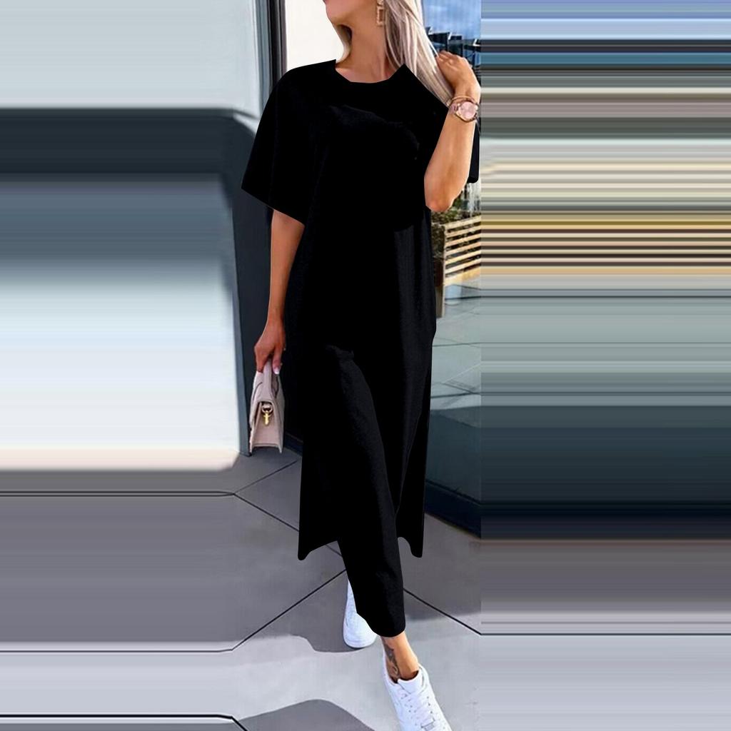 Женское однотонное платье с короткими рукавами, круглым вырезом и разрезом по краю