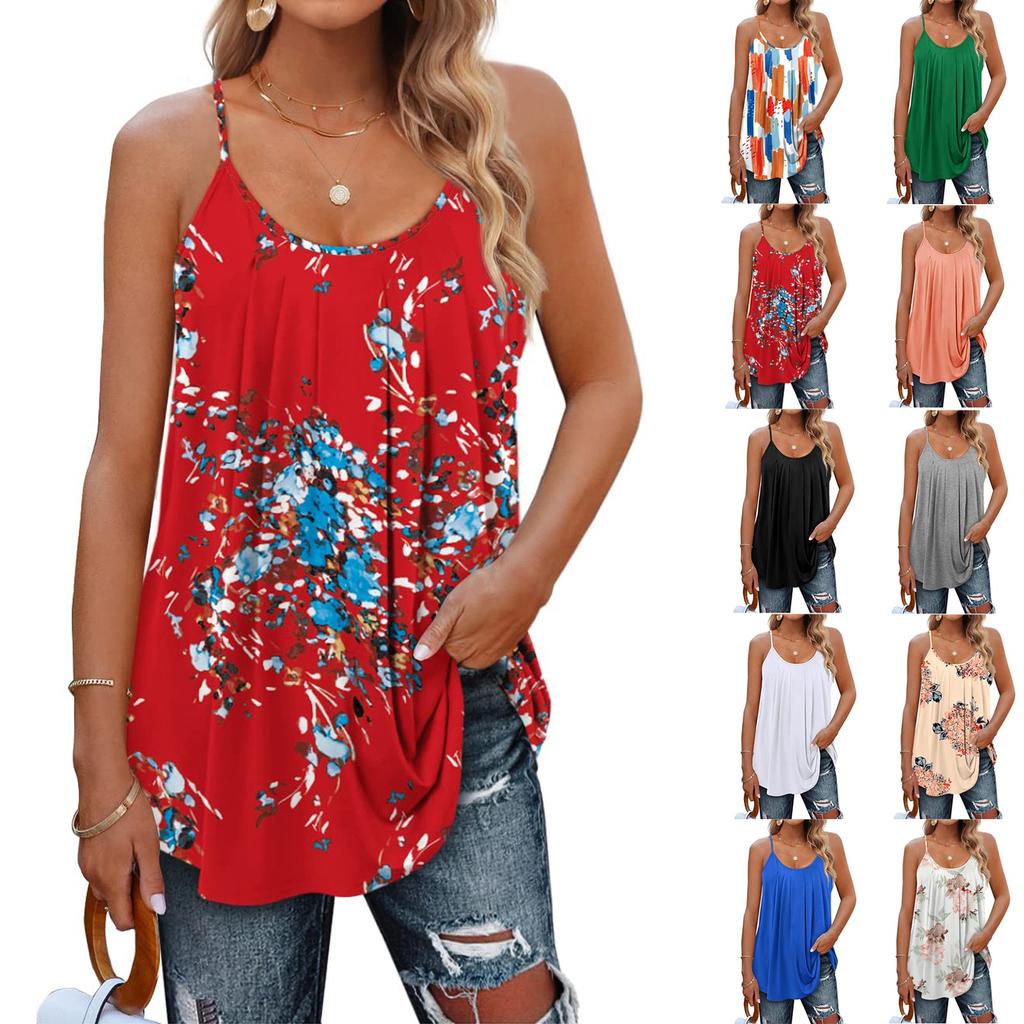 Women Casual Loose Shirts Spaghetti Strap Sleeveless Print Cute Tops Camisole Tee Tank