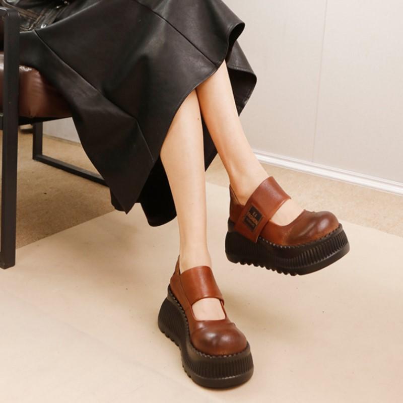 Johnature Туфли из натуральной кожи на толстой подошве с завышенной талией, женские туфли в стиле ретро с круглым носком на плоской платформе