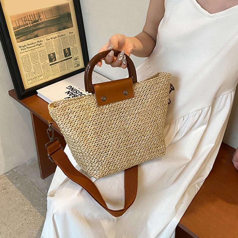 Летняя женская сумка через плечо с деревянной ручкой, плетеная соломенная сумка, бохо, повседневная женская пляжная мода, сумки через плечо