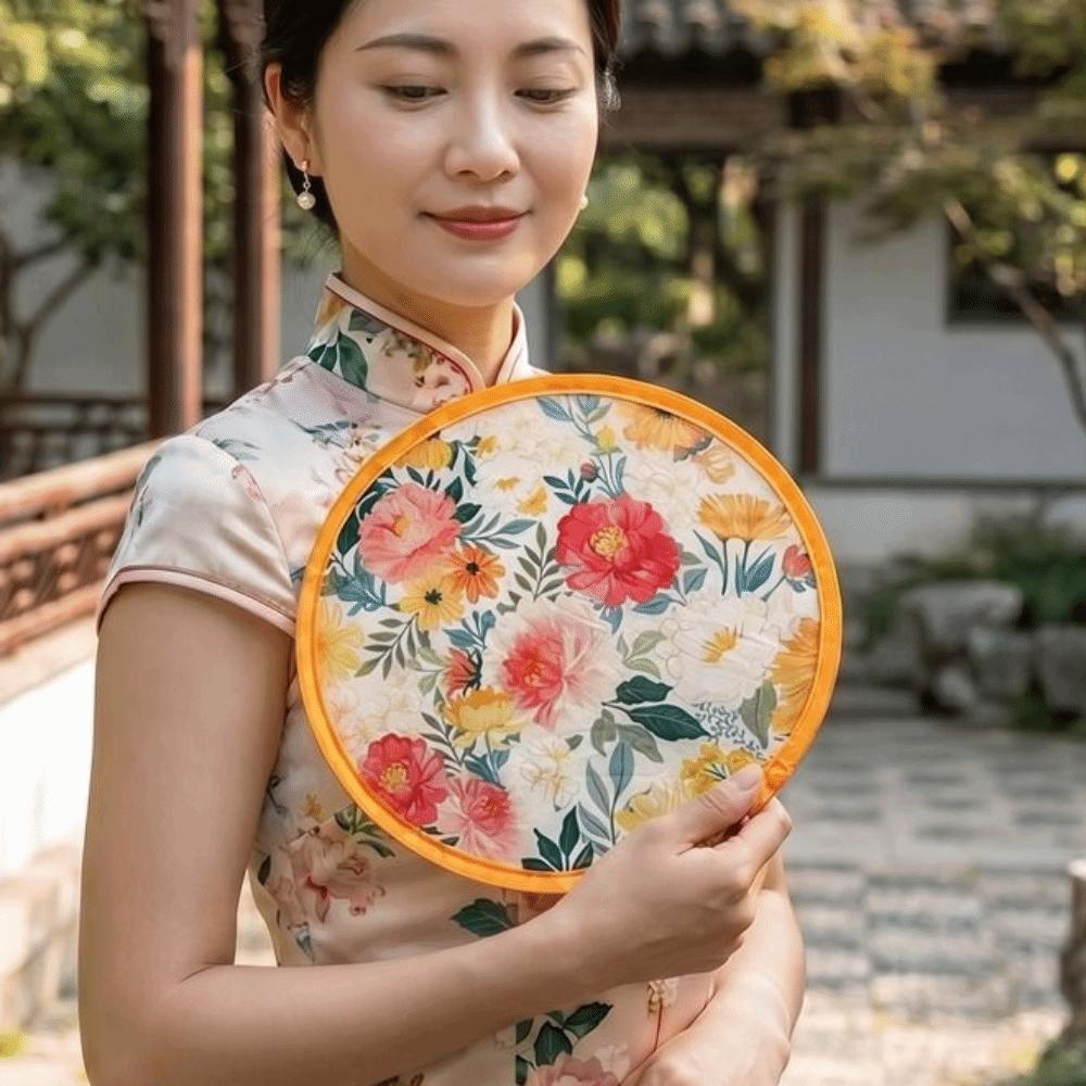 Japanese Style Folding Fan Flower Pattern Collapsible Fan Mini Handheld Fan Beach Use