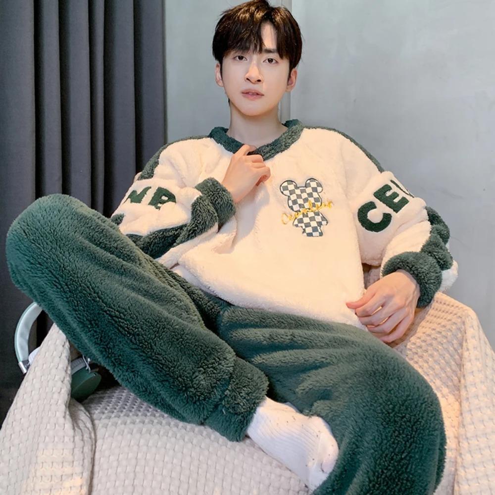 2025 Winter New Plush Man Pajamas Set Thickening Round Neck Long Sleeve Sets for Man 2 Pieces Senior Printing Pijamas Set for Man