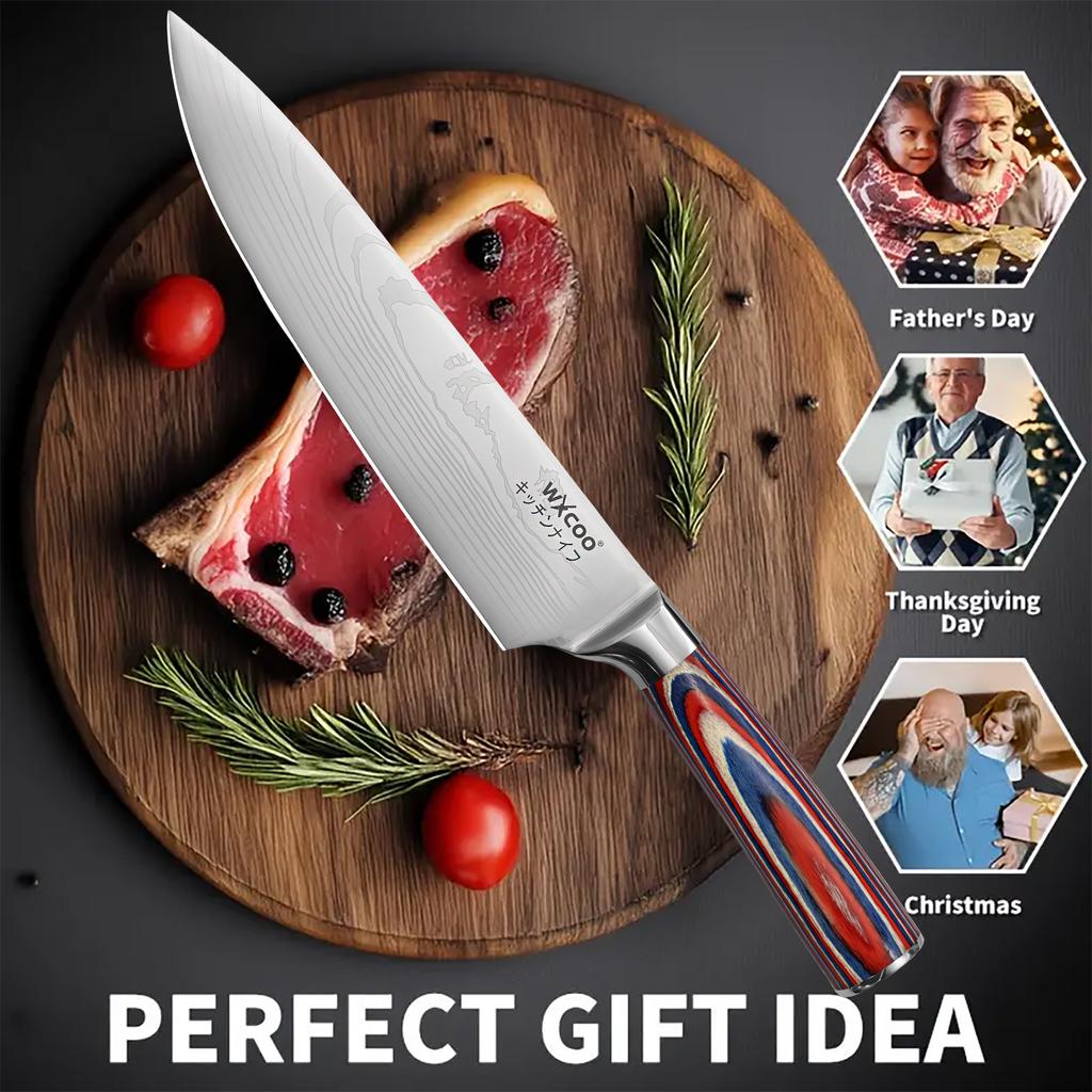 5PCS Damascus Pattern Chef Knife Kitchen Knife Meat Cleaver Wood Handle Paring Utility Santoku Slicing Knife