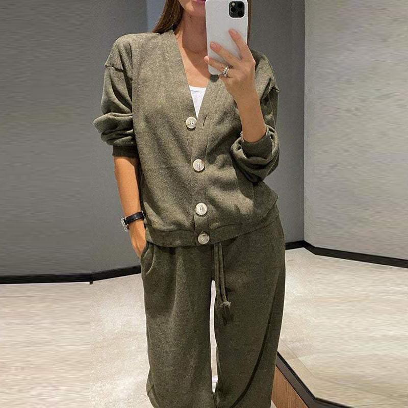 Осень и зима новый модный однобортный повседневный спортивный костюм кардиган топ брюки на шнуровке двухкомпонентная женская одежда