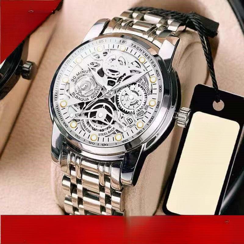 Men's Quartz Watch Male Business Wristwatch Hollow Dial Calendar Luminous Display Steel Band Waterproof Fashion Casual Watches