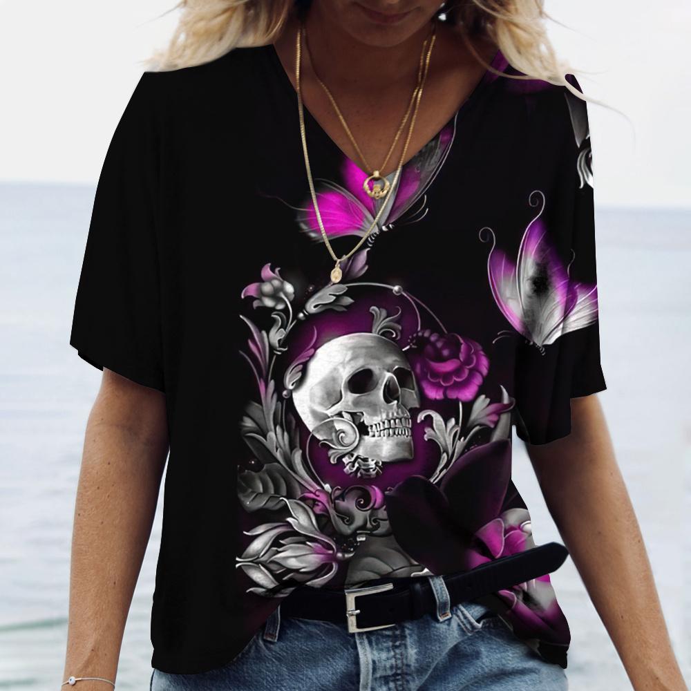 2022 New Women's T-shirts Skull Print Women's Short-sleeved Tops V-neck Pullover Streetwear Oversized T-shirts Summer Clothing