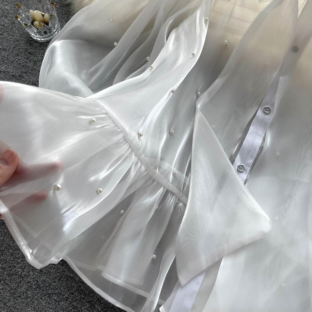 Premium Sense of Niche Design Sense Beading Bow Flare Sleeve Shirt Autumn Women's Clothing Celebrity Temperament Shirt