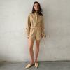 Khaki Cotton Linen Shorts Sets Women Spring Causal Long Sleeve Lapel Crop Shirt Lace-Up Wide Leg Shorts Simple Suits