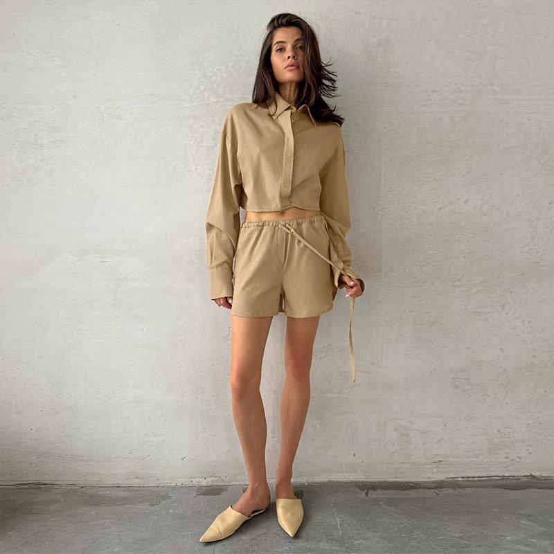 Khaki Cotton Linen Shorts Sets Women Spring Causal Long Sleeve Lapel Crop Shirt Lace-Up Wide Leg Shorts Simple Suits
