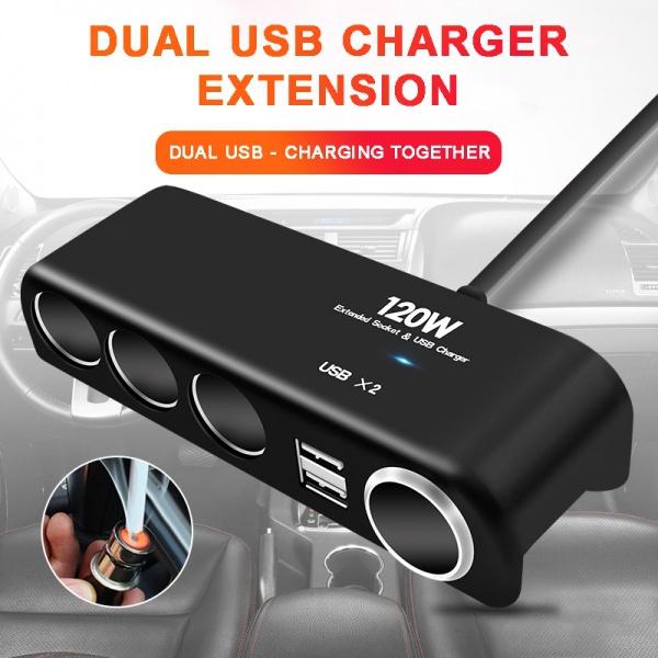 Автомобильный 4-канальный разветвитель для прикуривателя 120 Вт двойной USB зарядный удлинитель адаптер