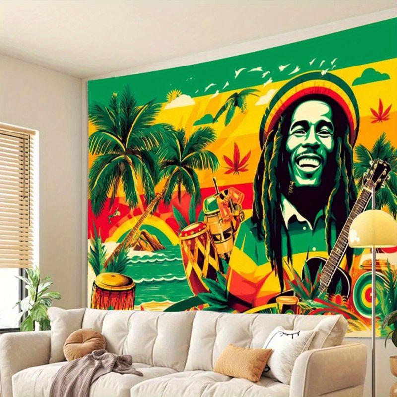 Jamaican Bob Marley Reggae Red Yellow Green Island Tapestry, Tropical Wall Art for Bedroom Living Room Dorm