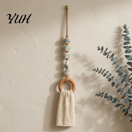 Multipurpose Hanging Organizer Decorative Beaded Towel Hanger with Wood Ring, Boho Multi-Color Wall Mount Solid Rack Hand No-Drill Farmhouse