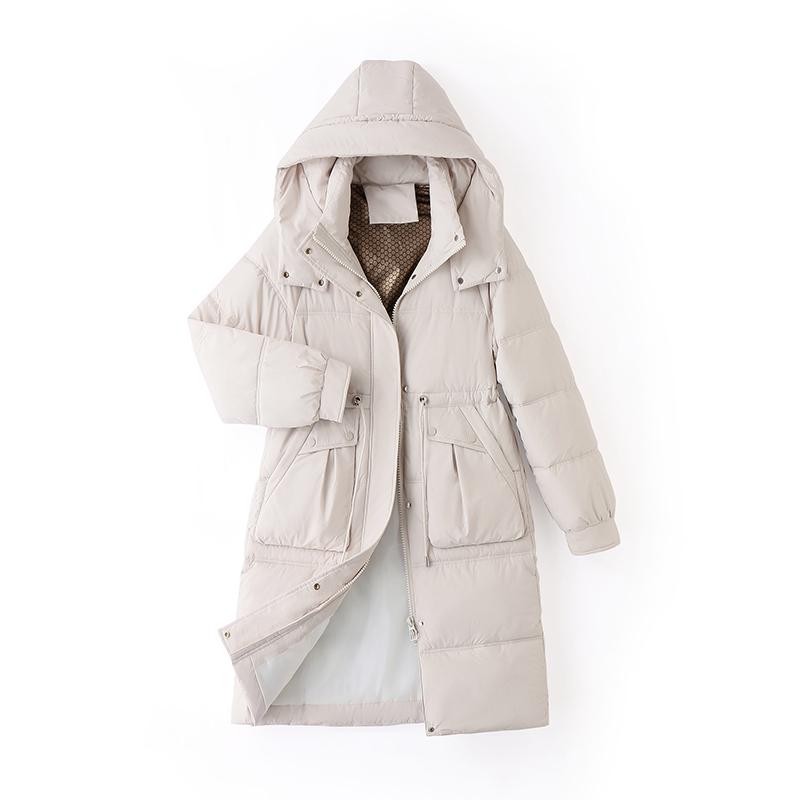 Пальто из хлопка с перьями, женская длинная зимняя утолщенная свободная куртка выше колена с капюшоном