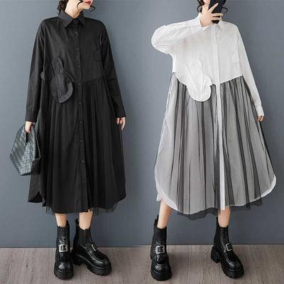 Новое модное свободное повседневное платье-рубашка с сетчатыми вставками