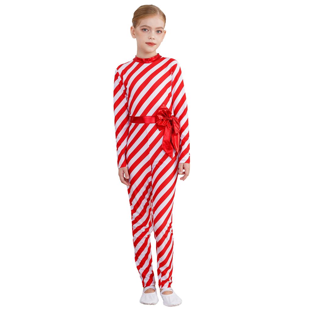 Girls Candy Cane Costume Striped Design Long Sleeve Bow Knot Bodysuit Dance Jumpsuit Christmas Party Outfit