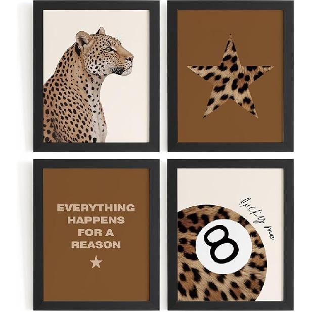 DSHFG Преппи Розовые Картинки с Принтом Гепарда Декор Стен, Модные Постеры с Гепардом Леопардом 8 Шаров Декор Комнаты Y2k, Фанковое Настенное Искусство для Подростка Девочки в Спальню