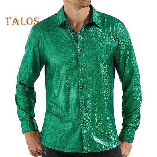 Весна Осень Мужская Рубашка Глянцевая Поверхность Однобортный Кардиган Отложной Воротник Длинные Рукава Косплей Клуб Танцевальная Вечеринка Топ