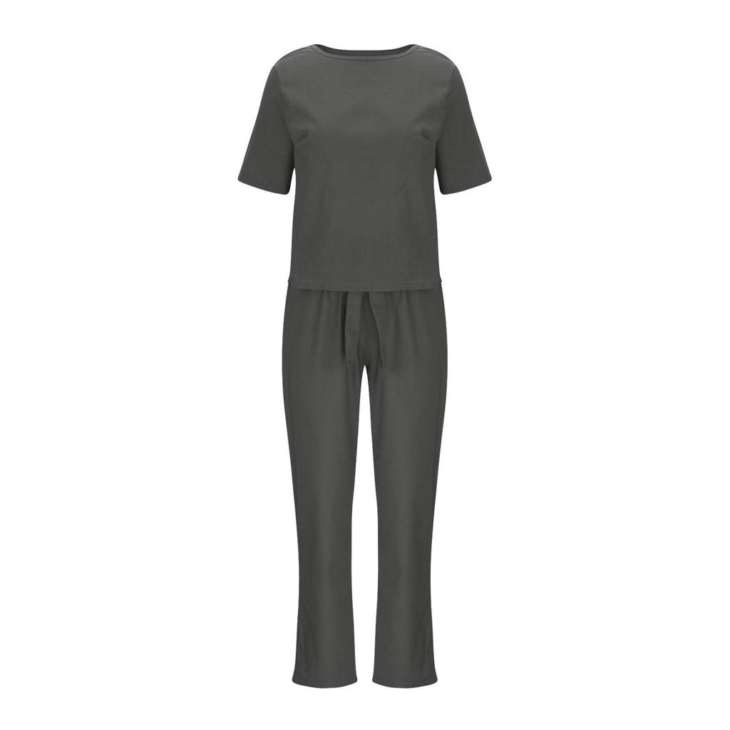 Women's Cotton-Linen Summer Set: Short Sleeve O-Neck Top with Wide Leg Pants - Oversized Vintage Loungewear