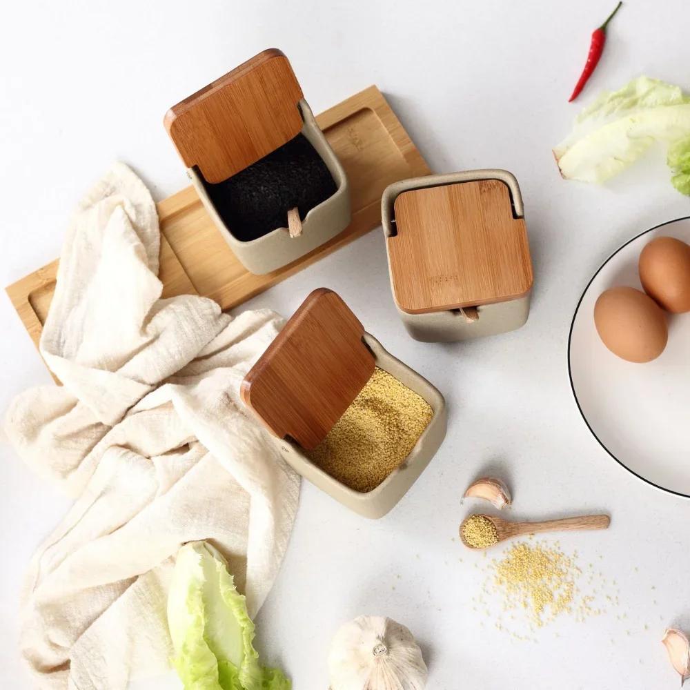 Керамическая банка для приправ объемом 300 мл из бамбука с деревянной крышкой, круглая бутылка для хранения перца, кухонная коробка для специй, сахара, соли, хозяйственный контейнер